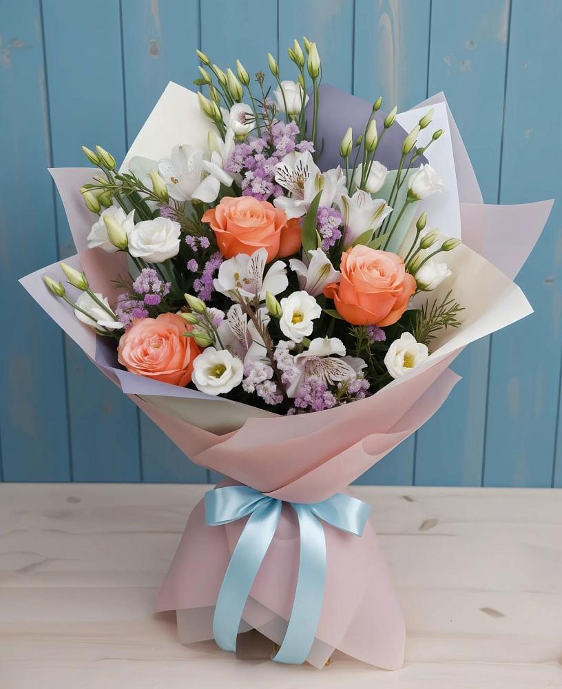 Букет цветов из: Лизиантусы, Розы, Альстромерии и Гипсофила в Залесово