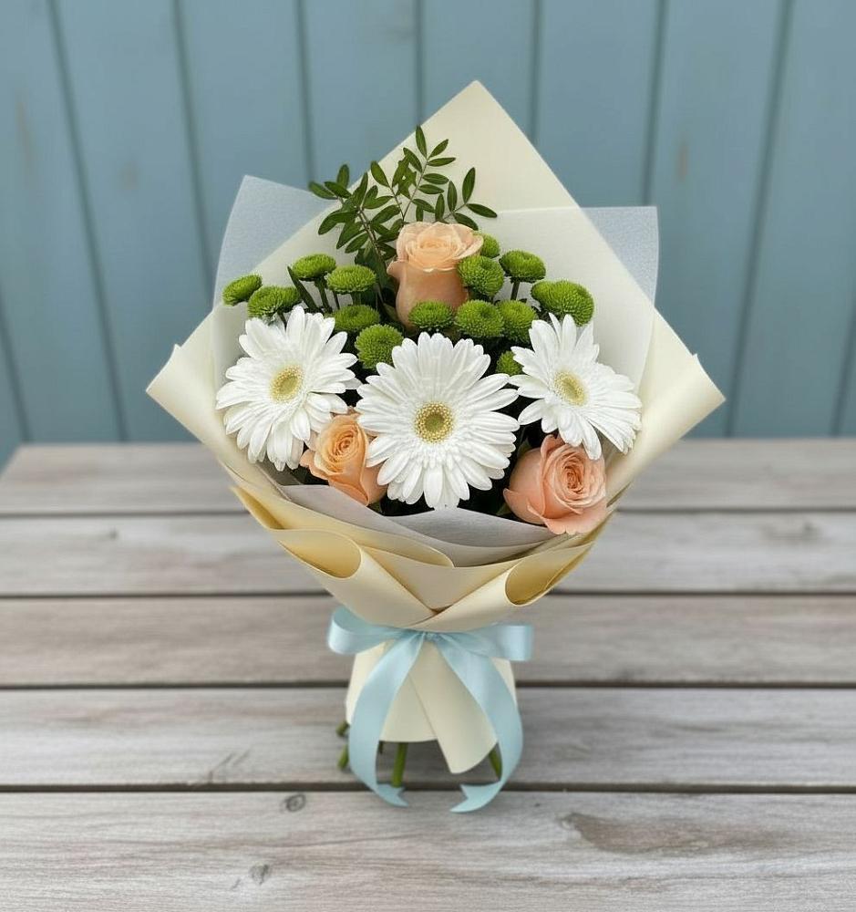 Букет цветов из: Герберы, Розы и Хризантемы в Залесово